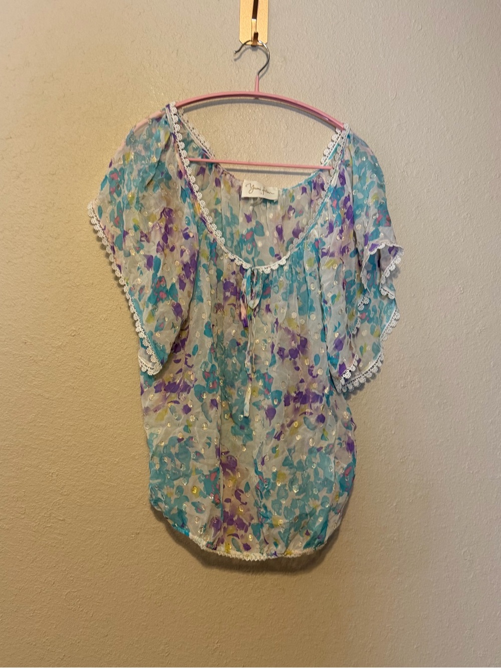 Yumi Kim Silk Watercolor Flutter‎ Sleeve Blouse With Lace Trim Size Large